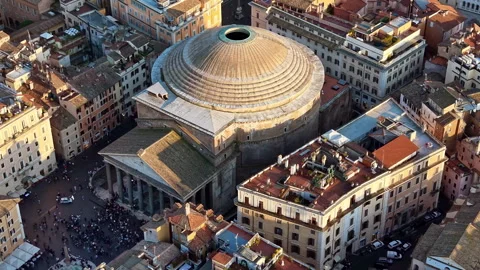 Aerial drone view of the round dome of the Pantheon and the small square in Stockbeeldmateriaal 344927513