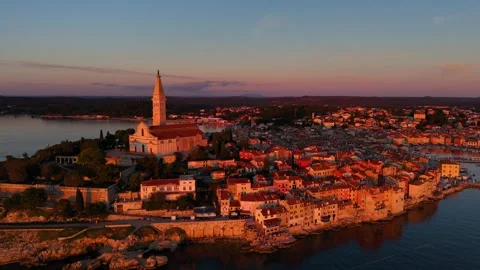 Aerial drone view of rovinj old town at sunset 库存影片 335847359