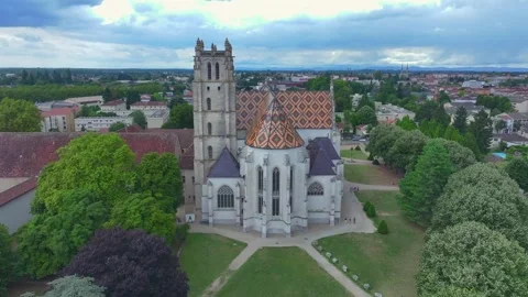 Aerial drone view of Royal Monastery of Brou in Bourg en Bresse, France, histori Видео 332054057