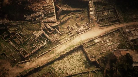 Aerial drone view of the ruins of ancient castle Stock Footage 140431411