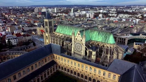 Aerial Drone View of Saint-Denis Basilica with Green Roof, Paris, France Stock Footage 327557780