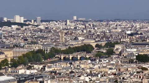 Aerial drone view of Saint Jacques tower and Pont Neuf Bridge of Paris Stock Footage 252096960