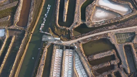 Aerial drone view of salt fields.. Sunset cinematic shot. Salt extraction Stock Footage 171512795