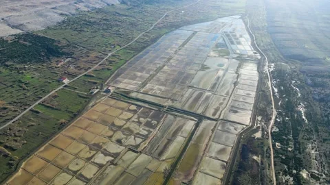 Aerial drone view of Salt Fields in Solana Pag Stock Footage 231430580