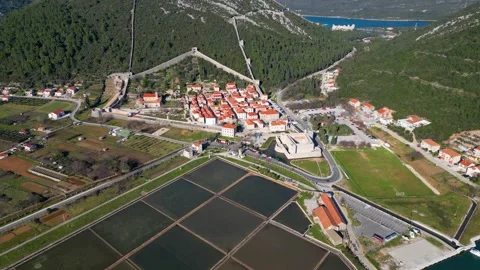 Aerial drone view of the salt pan in the city of Ston in Croatia Stock Footage 232626257