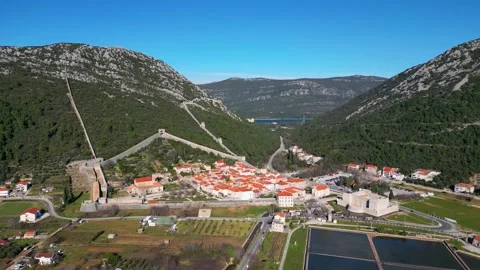Aerial drone view of the salt pan in the city of Ston in Croatia Stock Footage 239754532