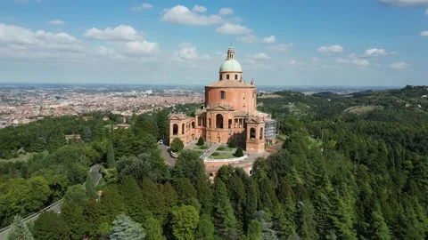 Aerial drone view of San Luca Basilica with Bologna cityscape, Italy Stock Footage 335093074