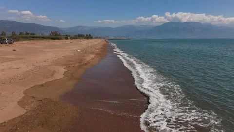 Aerial Drone View of Sandy Beach and Gentle Waves Near Kalamata Stock-Footage 330962555