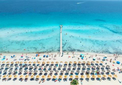 Aerial drone view of sandy beach in Alcudia, Mallorca, Spain Stock Photos