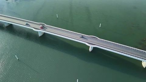 Aerial Drone View of the Saône River Bridge in France with Car Crossing Stock Footage 340345530