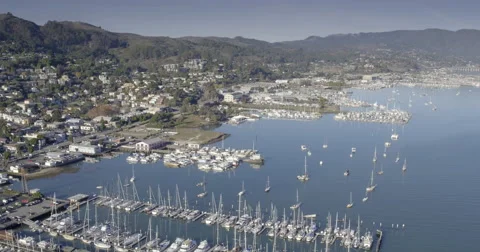 Aerial drone view of sausalito marina, houseboats, yatchs in Marin San francisco Stock Footage