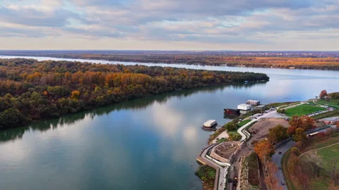 Aerial drone view of the Sava River near Ada Ciganlija in Belgrade, Serbia Stock Footage 324463640