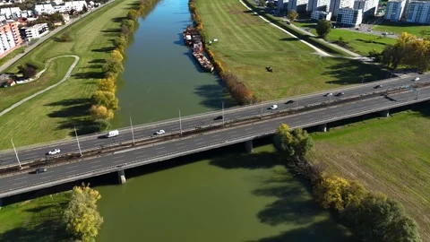 Aerial drone view of Sava river and Zagreb skyline on sunny autumn day, Zagreb Stock Footage 324610241