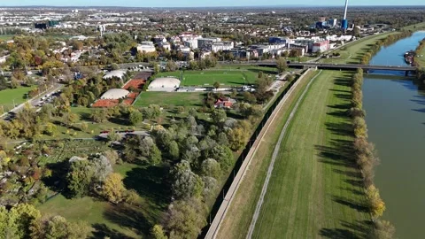 Aerial drone view of Sava river and Zagreb skyline on sunny autumn day, Zagreb Stock Footage 324610376