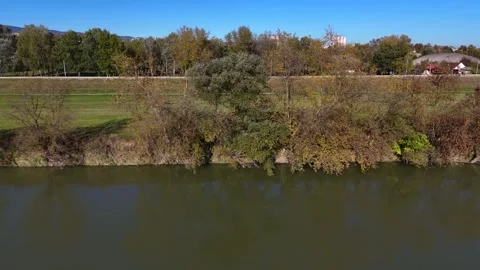 Aerial drone view of Sava river and Zagreb skyline on sunny autumn day, Zagreb Stock Footage 324610404