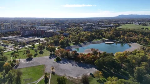 Aerial drone view of Sava river and Zagreb skyline on sunny autumn day, Zagreb Video stock 324610434