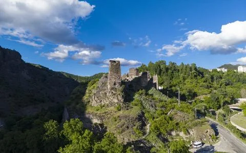 Aerial Drone View of Savsat Castle Ruins in Savsat Artvin Province Turkey Eas Photos