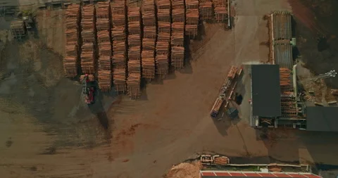 Aerial Drone View of Sawmill Sorting Debarked Logs and Forklift Stacking 库存影片 348915370