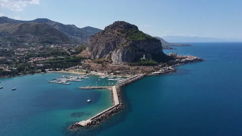 Aerial drone view of Scalette Beach in Cefalu, Sicily, Italy. the Tyrrhenia.. Video stock 318504652