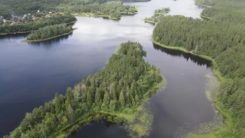 Aerial drone view of scenic forested islands in Lake Seliger Stock Footage 338103740