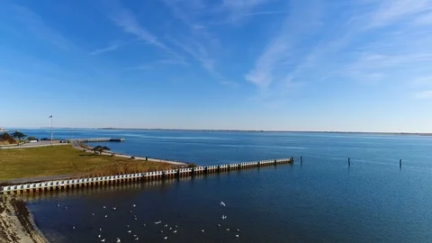 Aerial Drone view seagulls Long Island bay American flag Stock Footage 102851054