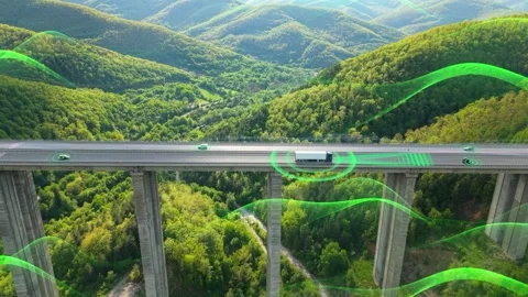 Aerial Drone View of Self-Driving Semi Truck with Cargo Trailer on Highway Stock Footage 318166827