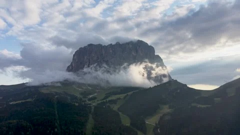 Aerial Drone View of Sella Group Rising Through Clouds, Dolomites, Italy Stock Footage 342610151
