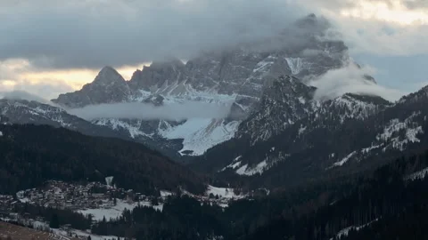 Aerial drone view of the Selva di Cadore commune surrounded by the Dolomites Stock Footage 301754643
