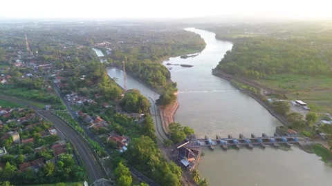 Aerial drone view of Serayu river dam Stock Footage 292391092