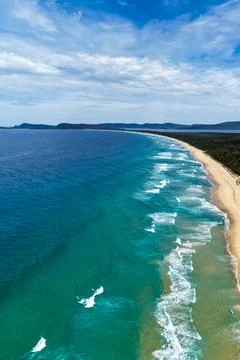 Aerial drone view of Seven Mile Beach in Forster Stock Photos