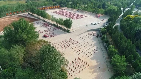 Aerial drone view of Shaolin temple training Martial arts in China. Student.. Stock Footage 309641396