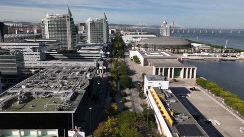 Aerial drone view showcasing Parque das Nacoes neighbourhood Stock Footage 318462747