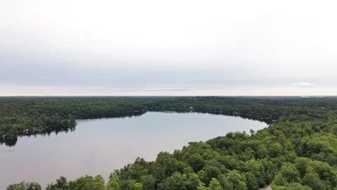 Aerial Drone View of Silver Lake on an Overcast Evening, Kawartha Lakes, Ontario Stock Footage 342163379