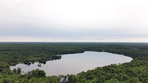 Aerial Drone View of Silver Lake on an Overcast Evening, Kawartha Lakes, Ontario Stock Footage 342163481
