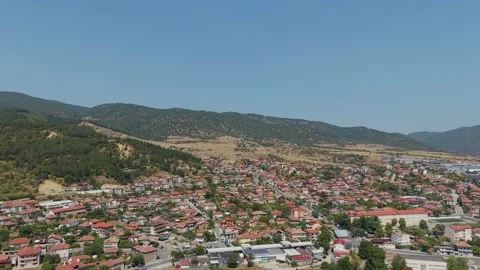 Aerial drone view of Simitli town and mountain landscape in Bulgaria Stock Footage 343579030