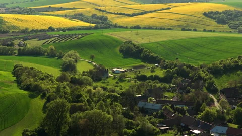 Aerial drone view of a small Czech hamlet nestled among green trees with vast Stock Footage 336616990