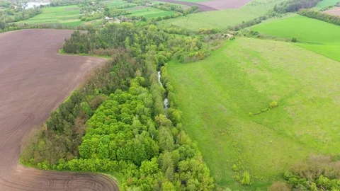 Aerial drone view of small river, fields and forest. Warm spring colors. Green Stock Footage 128571626