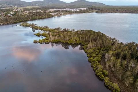 Aerial drone view of a small tree covered island surrounded by the calm wat.. Фото