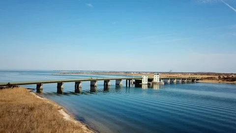 Aerial drone view of Smith Point Bridge Long Island NY Stock Footage 106042968