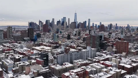 Aerial drone view of snow-covered residential blocks in New York City with the Vídeos de archivo 331665890