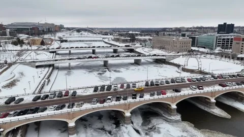 Aerial drone view snowy downtown Iowa Stock Footage 262570183