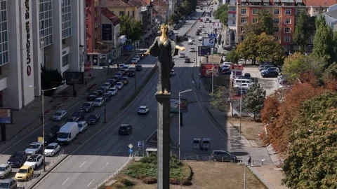 Aerial drone view of Sofia statue in the historic centre of Sofia, Bulgaria 스톡 동영상 318853552
