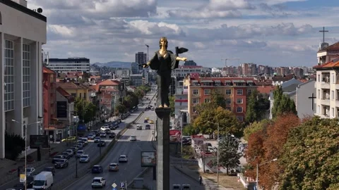 Aerial drone view of Sofia statue in the historic centre of Sofia, Bulgaria Stock Footage 318853584