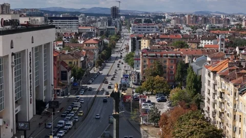 Aerial drone view of Sofia statue in the historic centre of Sofia, Bulgaria Stock Footage 318853697