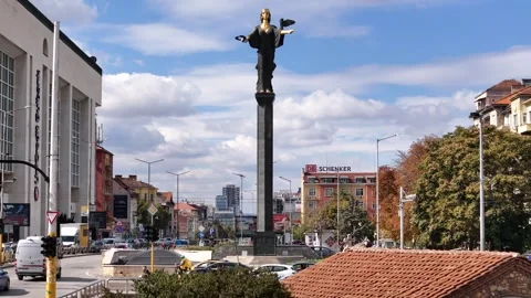 Aerial drone view of Sofia statue in the historic centre of Sofia, Bulgaria Stock Footage 318853698