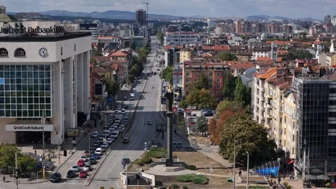 Aerial drone view of Sofia statue in the historic centre of Sofia, Bulgaria Stock Footage 318853740