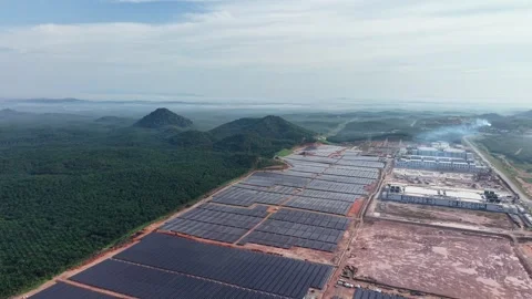 Aerial Drone View of Solar Panel Farm Construction Stock Footage 333278613
