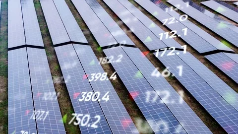 Aerial Drone View Of Solar Panel Farm - Digital Data Overlay On Arrays Video stock 348616161