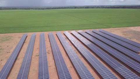 Aerial drone view of solar panels on summer day to generate renewable energy Stock Footage 149071382