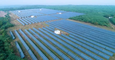 Aerial Drone View of Solar Power Plant and Renewable Energy in Gujarat, Indi Stock Footage 341384386